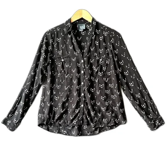 Maeve Anthropologie Long Sleeve Top Women's Size 4 Clever Cat Print Black Rayon - Picture 2 of 6